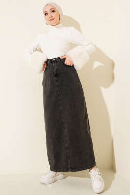 Bel Düğmeli Cepli Kot Etek Füme - Etek