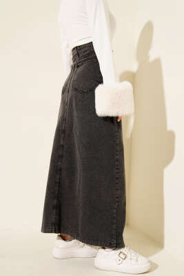 Bel Düğmeli Cepli Kot Etek Füme - Etek