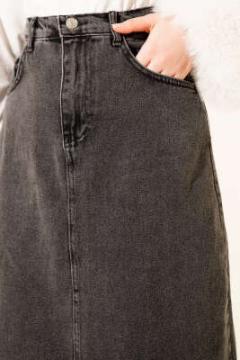 Bel Düğmeli Cepli Kot Etek Füme - Etek