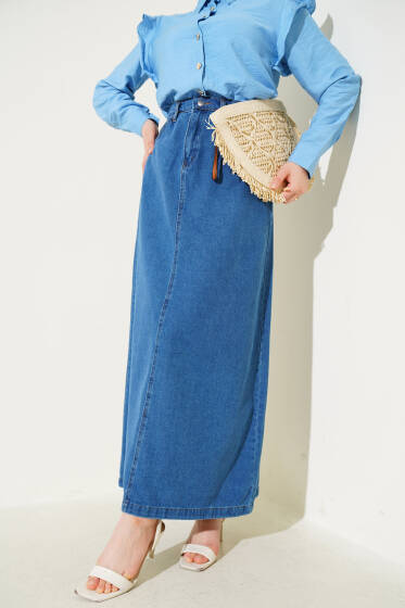 Bel Düğmeli Cepli Kot Etek Kot Mavisi - Uzun Etek