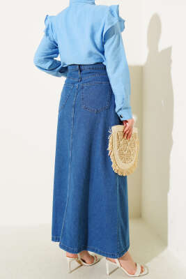 Bel Düğmeli Cepli Kot Etek Kot Mavisi - Uzun Etek