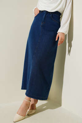 Bel Düğmeli Cepli Kot Etek Kot - Uzun Etek