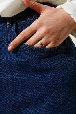 Bel Düğmeli Cepli Kot Etek Kot - Uzun Etek