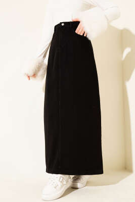 Bel Düğmeli Cepli Kot Etek Siyah 