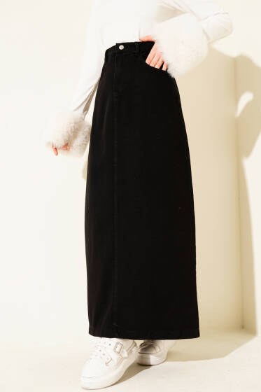Bel Düğmeli Cepli Kot Etek Siyah - Etek