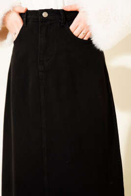 Bel Düğmeli Cepli Kot Etek Siyah - Etek