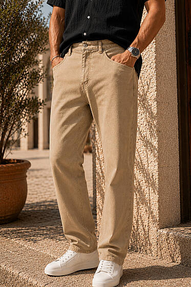 Bel Düğmeli Gabardin Baggy Erkek Pantolon Bej - Erkek Pantolon