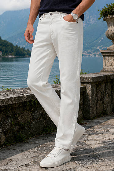 Bel Düğmeli Gabardin Baggy Erkek Pantolon Beyaz - Erkek Pantolon