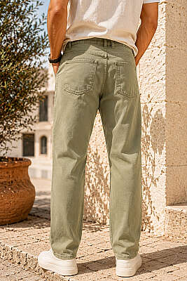 Bel Düğmeli Gabardin Baggy Erkek Pantolon Haki - Erkek Pantolon