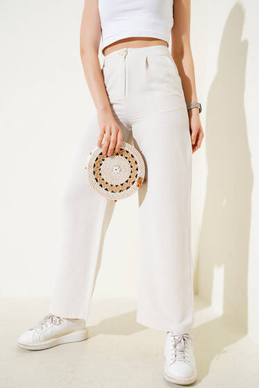 Bel Düğmeli Geniş Paça Keten Pantolon Bej - Kadın Giyim Modelleri