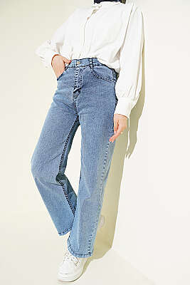 Bel Düğmeli Geniş Paça Kot Pantolon Açık Mavi - MUSTİ