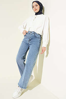 Bel Düğmeli Geniş Paça Kot Pantolon Açık Mavi - Pantolon