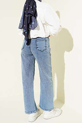 Bel Düğmeli Geniş Paça Kot Pantolon Açık Mavi - Pantolon