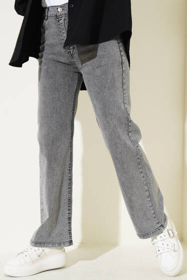 Bel Düğmeli Geniş Paça Kot Pantolon Füme - Pantolon