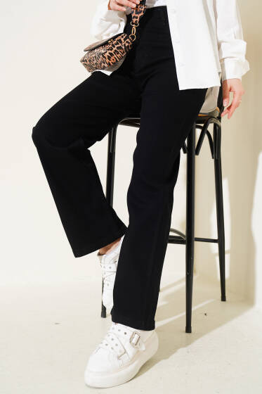 Bel Düğmeli Geniş Paça Kot Pantolon Siyah - Pantolon