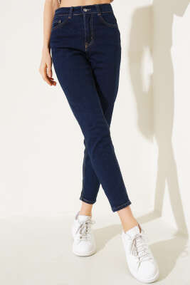 Bel Düğmeli Mom Friend Kot Pantolon Koyu Mavi 