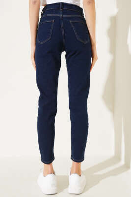 Bel Düğmeli Mom Friend Kot Pantolon Koyu Mavi - Kadın Giyim Modelleri