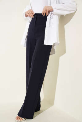 Bel Düğmeli Palazzo Kumaş Pantolon Lacivert 