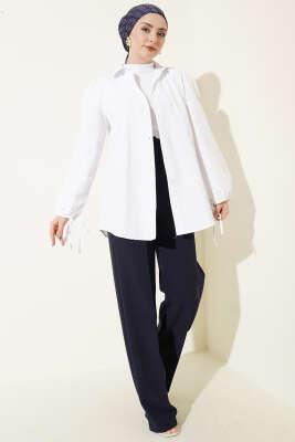 Bel Düğmeli Palazzo Kumaş Pantolon Lacivert - Pantolon