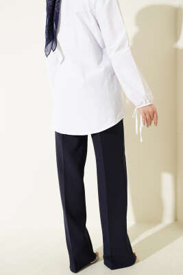 Bel Düğmeli Palazzo Kumaş Pantolon Lacivert - Pantolon