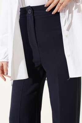 Bel Düğmeli Palazzo Kumaş Pantolon Lacivert - Pantolon