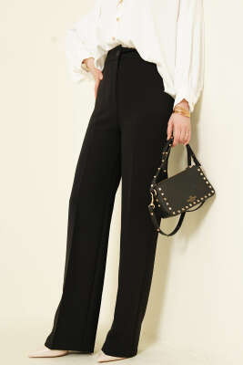 Bel Düğmeli Palazzo Kumaş Pantolon Siyah - MİSS PERRY