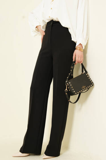 Bel Düğmeli Palazzo Kumaş Pantolon Siyah - Pantolon