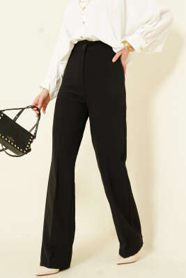 Bel Düğmeli Palazzo Kumaş Pantolon Siyah - Pantolon