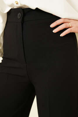 Bel Düğmeli Palazzo Kumaş Pantolon Siyah - Pantolon