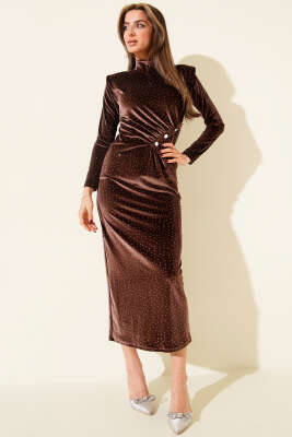 Bel Düğmeli Taşlı Midi Kadife Elbise Kahve - Günün Seçilenleri
