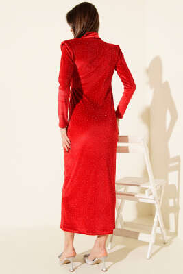 Bel Düğmeli Taşlı Midi Kadife Elbise Kırmızı - Günün Seçilenleri