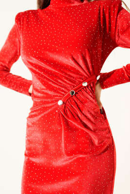 Bel Düğmeli Taşlı Midi Kadife Elbise Kırmızı - Günün Seçilenleri