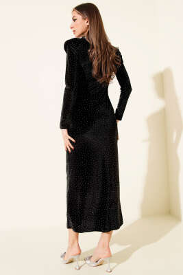 Bel Düğmeli Taşlı Midi Kadife Elbise Siyah - Günün Seçilenleri