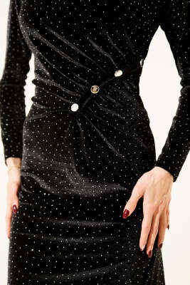 Bel Düğmeli Taşlı Midi Kadife Elbise Siyah - Günün Seçilenleri