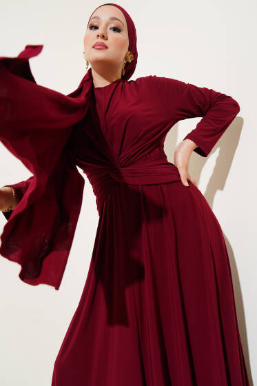 Bel Düğümlü Sandy Elbise Bordo - Elbise