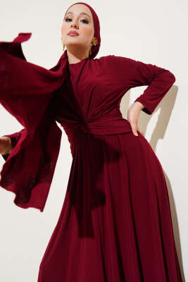 Bel Düğümlü Sandy Elbise Bordo 