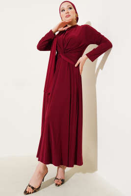 Bel Düğümlü Sandy Elbise Bordo - Tesettür Elbise