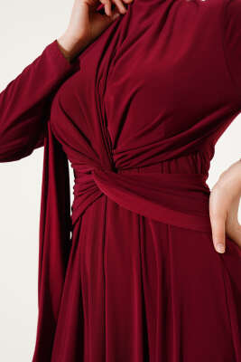Bel Düğümlü Sandy Elbise Bordo - Tesettür Elbise