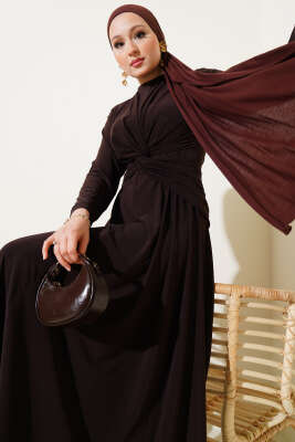 Bel Düğümlü Sandy Elbise Kahve - Tesettür Elbise