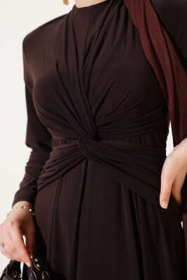 Bel Düğümlü Sandy Elbise Kahve - Tesettür Elbise