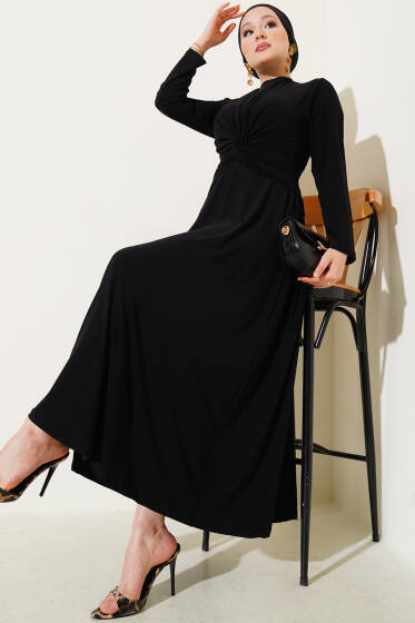 Bel Düğümlü Sandy Elbise Siyah - Tesettür Elbise