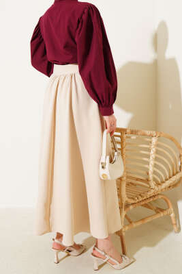 Bel Fermuarlı Cepli Kloş Etek Bej - Uzun Etek