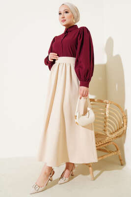 Bel Fermuarlı Cepli Kloş Etek Bej - Uzun Etek