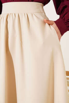 Bel Fermuarlı Cepli Kloş Etek Bej - Uzun Etek