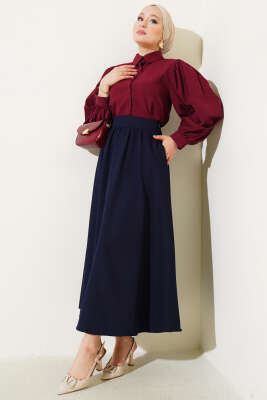 Bel Fermuarlı Cepli Kloş Etek Lacivert - Uzun Etek