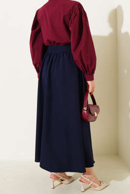 Bel Fermuarlı Cepli Kloş Etek Lacivert - Uzun Etek