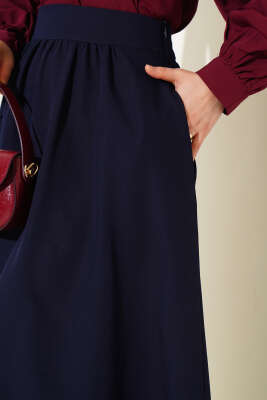 Bel Fermuarlı Cepli Kloş Etek Lacivert - Uzun Etek