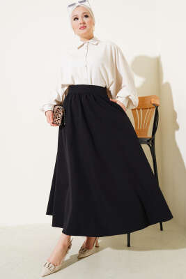 Bel Fermuarlı Cepli Kloş Etek Siyah - Uzun Etek