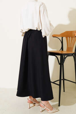 Bel Fermuarlı Cepli Kloş Etek Siyah - Uzun Etek