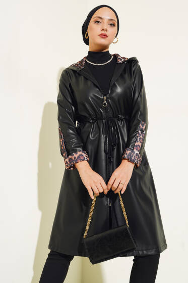 Bel Fermuarlı Kapüşonlu Deri Trençkot Siyah - Trençkot